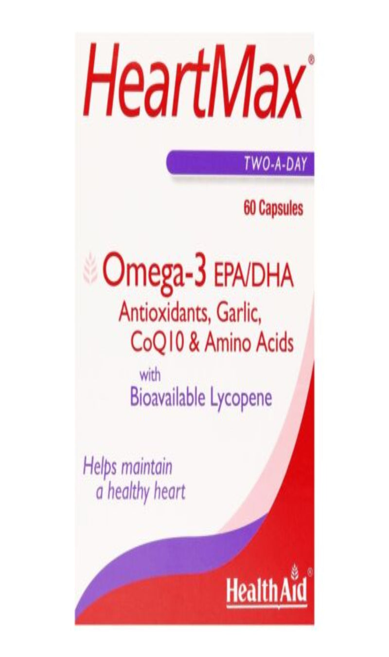 Health Aid Heartmax Omega-3,EPA/DHA Garlic, coq10 Amino 60 Cap (BBE 02/25)