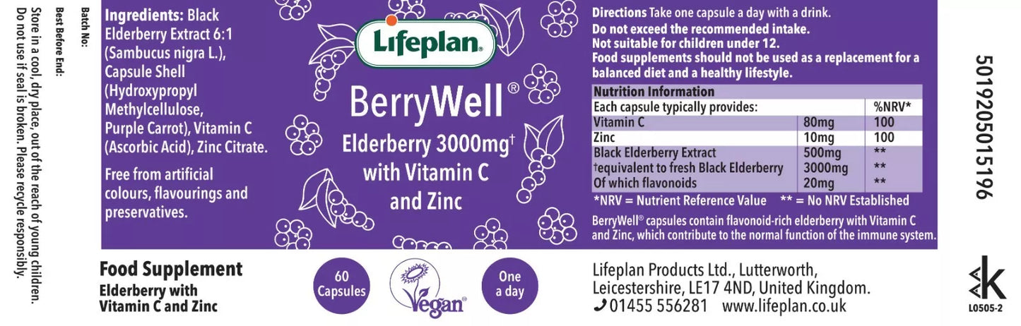 Lifeplan BerryWell Elderberry Capsules x 60 Capsules (BBE 10/23)