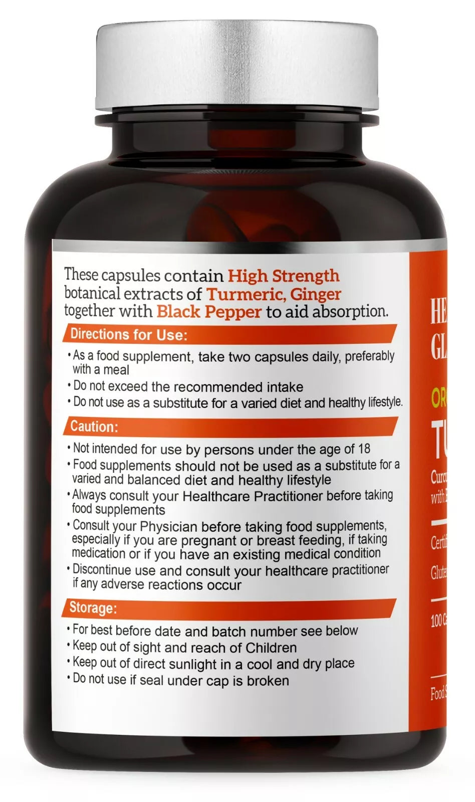 Health & Glamour Organic Turmeric Curcumin and Ginger with Black Pepper 100 Caps