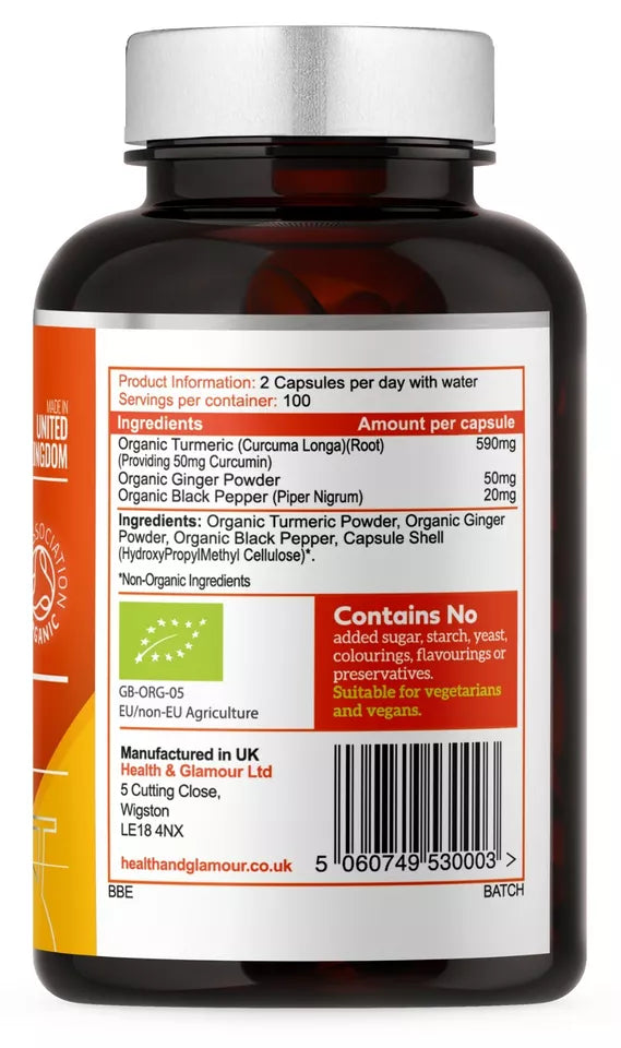 Health & Glamour Organic Turmeric Curcumin and Ginger with Black Pepper 100 Caps